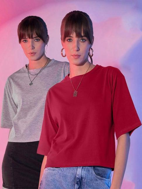 buynewtrend grey & maroon cotton cropped t-shirt - pack of 2