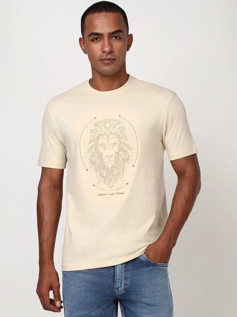 peter england casuals beige cotton regular fit embroidered t-shirt