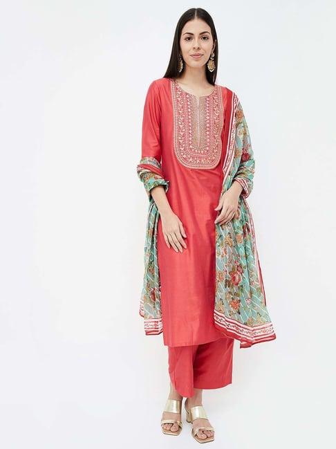 melange by lifestyle red embroidered kurta pant set with dupatta