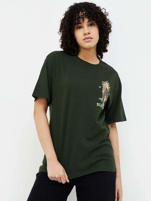 ginger by lifestyle green cotton printed t-shirt