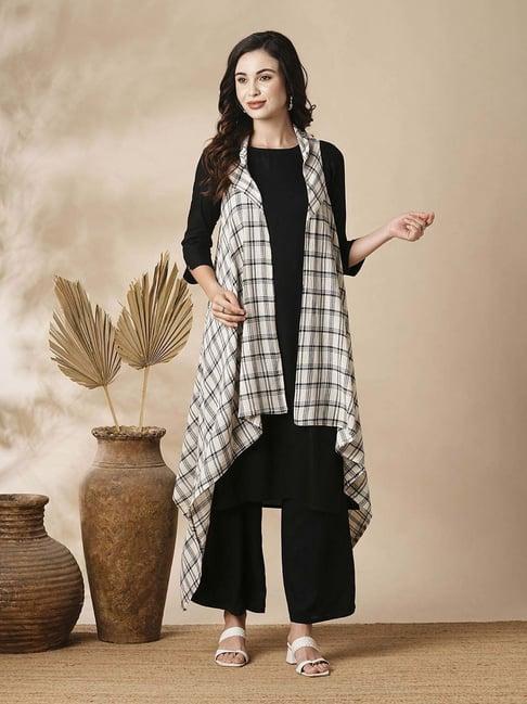 fashor black chequered kurta & palazzo set with jacket