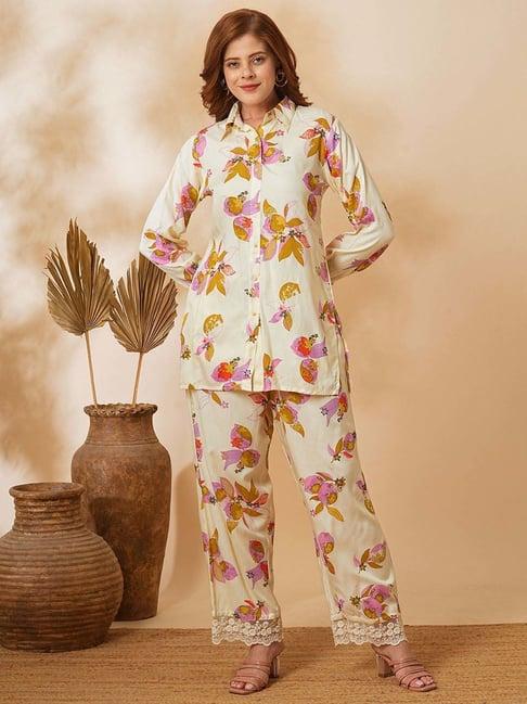 fashor cream floral print shirt & pant set