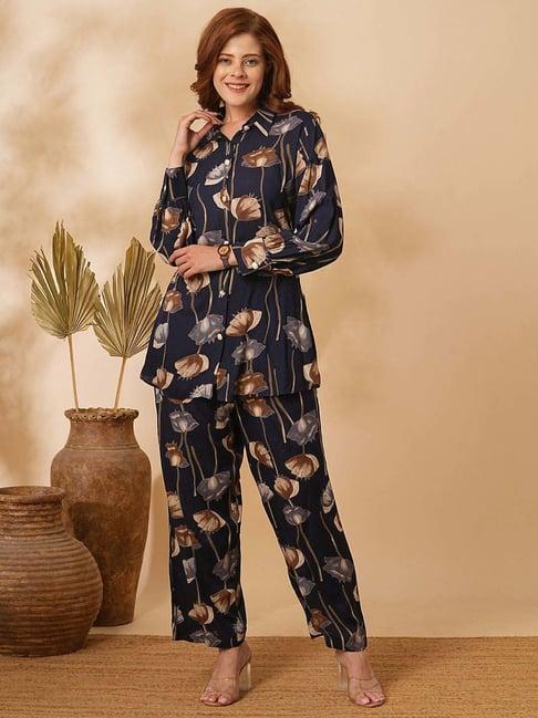 fashor navy floral print shirt & pant set