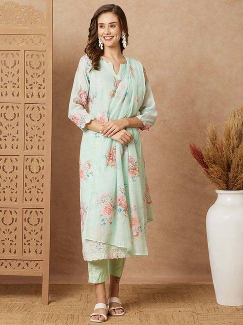 fashor mint green cotton floral print kurta & pant set with dupatta