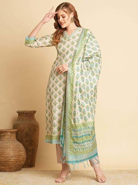 fashor off-white & green embroidered kurta & pant set with dupatta