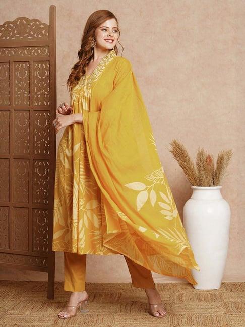 fashor mustard cotton embroidered kurta & pant set with dupatta