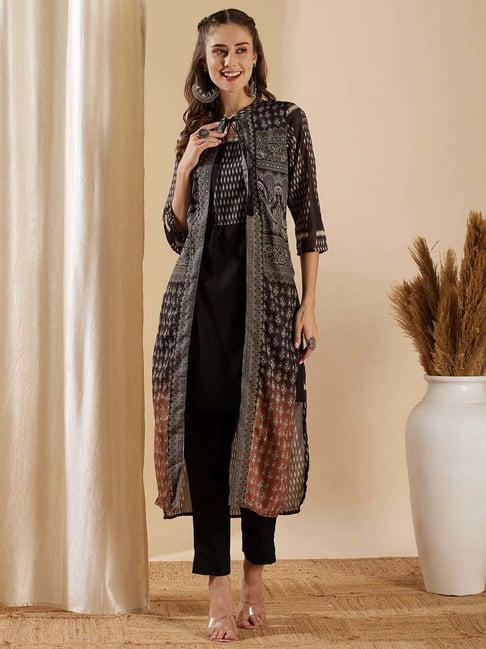 fashor black printed kurta & pant set with jacket