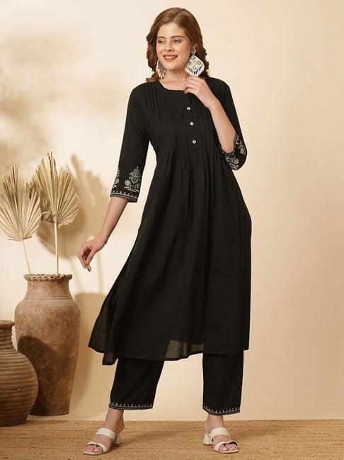 fashor black cotton embroidered kurta & palazzo set