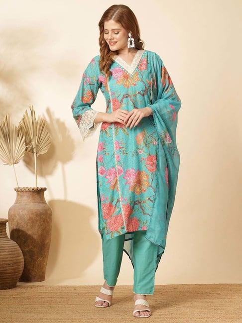 fashor turquoise printed kurta & pant set with dupatta