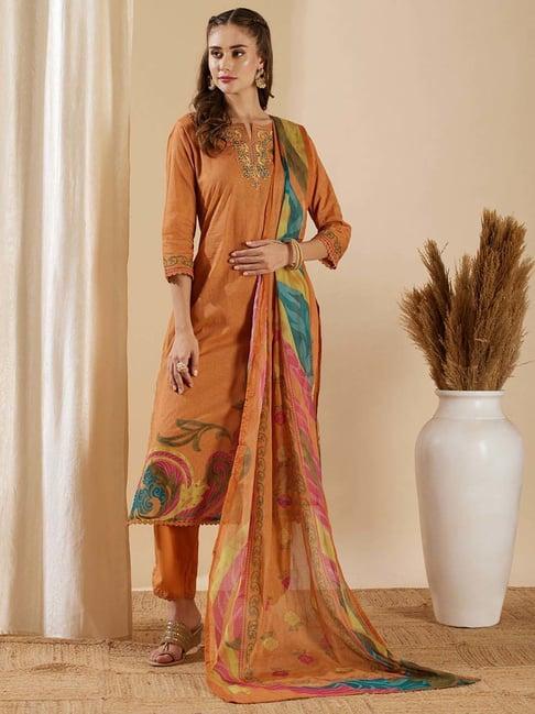 fashor rust cotton embroidered kurta & pant set with dupatta