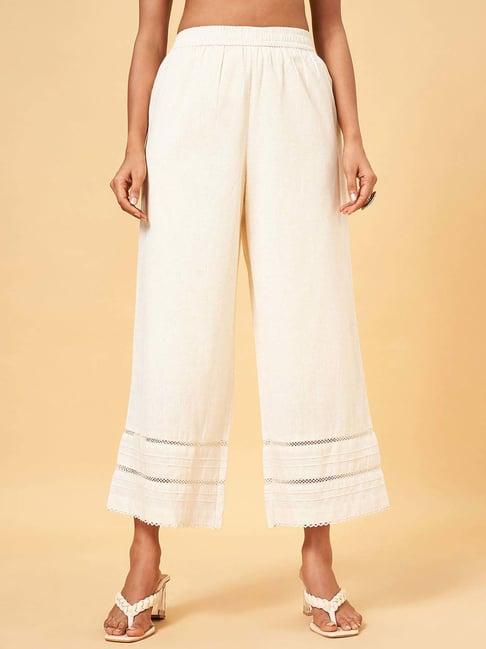 rangmanch by pantaloons off-white cotton self pattern palazzos