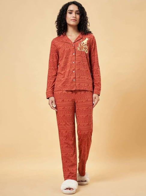 dreamz by pantaloons brown cotton printed shirt pyjamas set