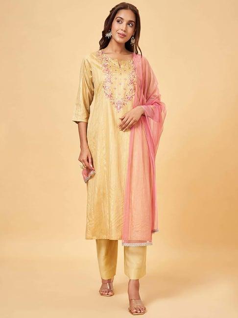 rangmanch by pantaloons golden cotton embroidered kurta palazzo set with dupatta