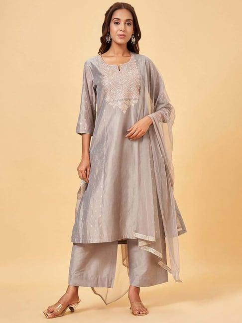 rangmanch by pantaloons grey embroidered kurta palazzo set with dupatta