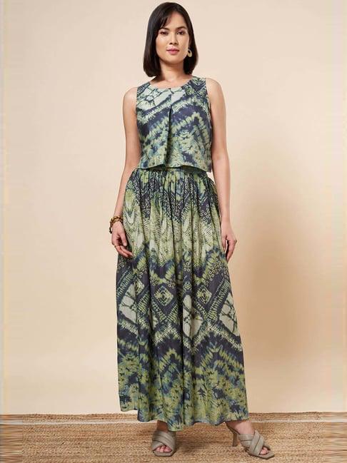 marigold lane navy & green printed top palazzo set