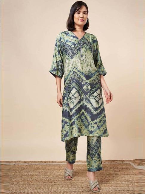 marigold lane navy & green printed kurta pant set