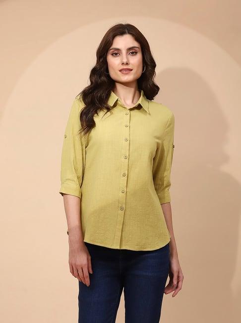 global republic light olive cotton regular fit shirt