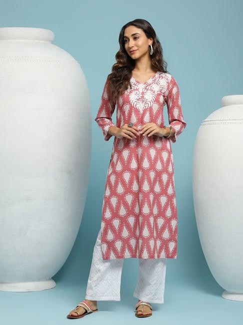 house of chikankari cotton printed women's long kurta - dark pink