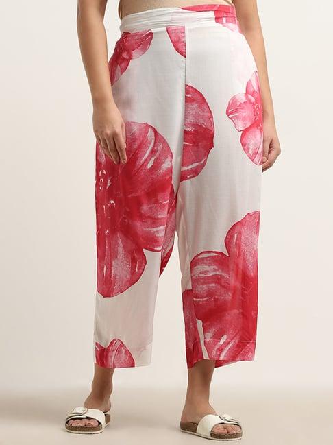 diza by westside red floral printed high-rise palazzos