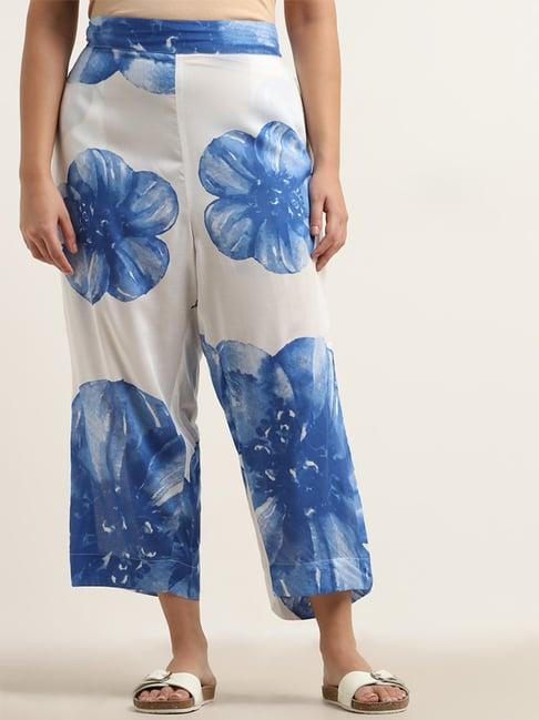 diza by westside blue floral printed high-rise palazzos