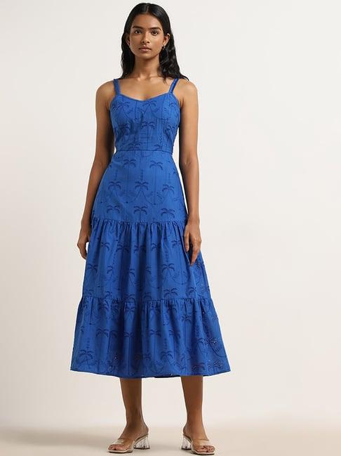 lov by westside dark blue schiffli design tiered cotton dress