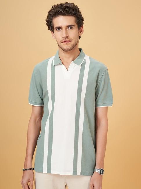 byford by pantaloons green cotton slim fit striped polo t-shirt