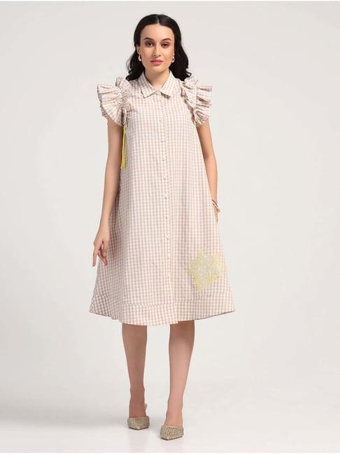 lela beige cotton printed a-line dress