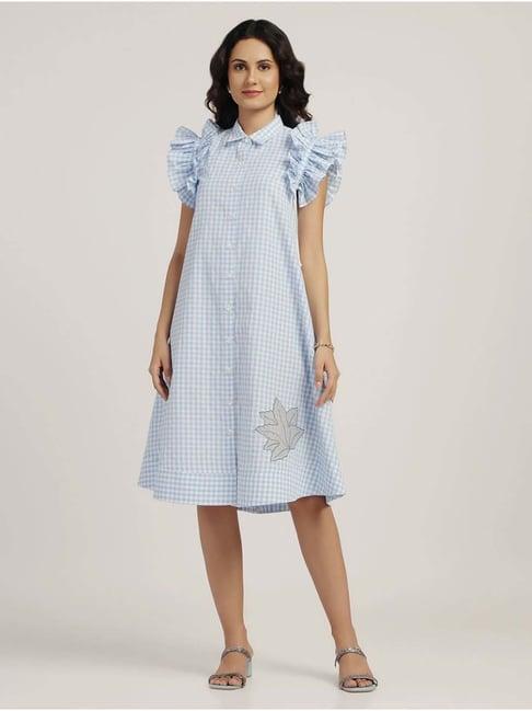 lela blue cotton printed a-line dress