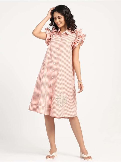 lela peach cotton printed a-line dress