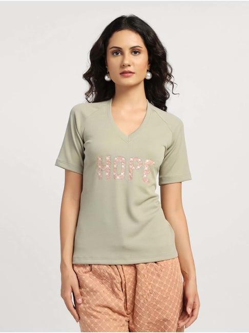 lela green cotton embroidered t-shirt