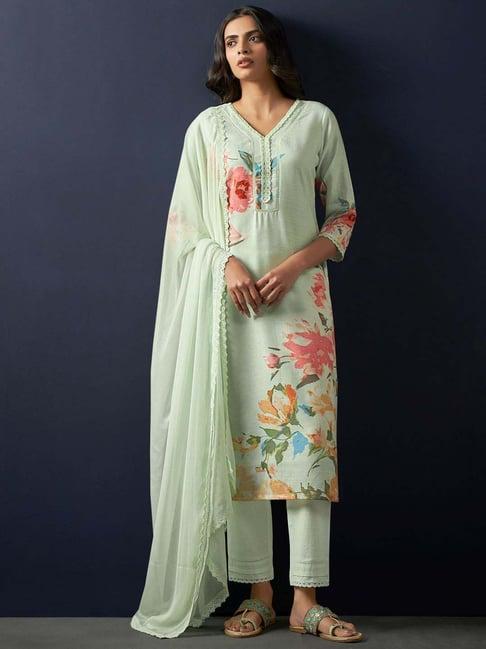 indo era sea green linen printed kurta pant set with dupatta