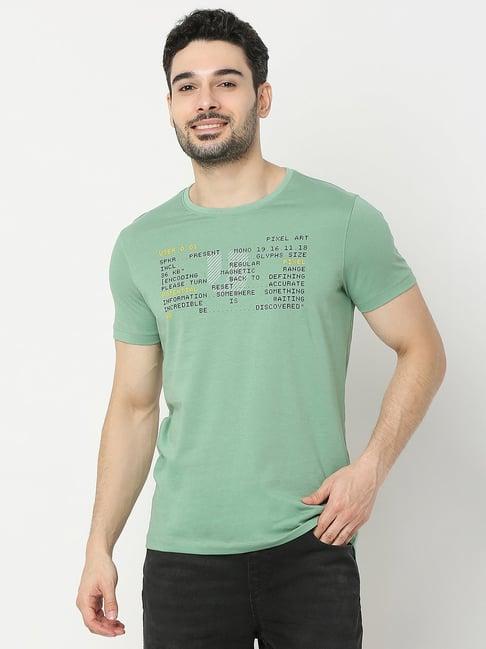 underjeans by spykar green regular fit printed cotton crew t-shirt