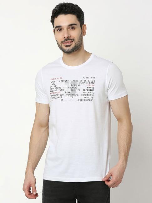 underjeans by spykar white regular fit printed cotton crew t-shirt