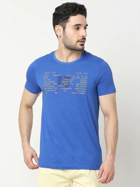 underjeans by spykar royal blue regular fit printed cotton crew t-shirt