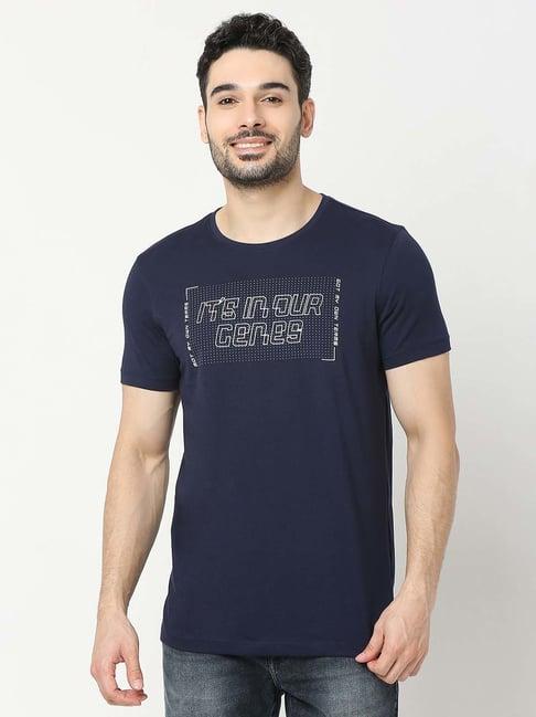 underjeans by spykar navy regular fit self design cotton crew t-shirt