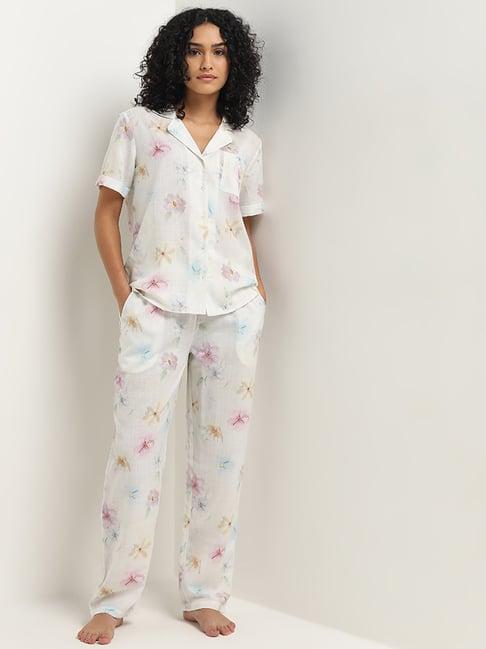 wunderlove by westside white floral cotton shirt with pyjamas set