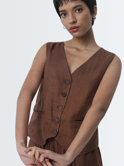 lov by westside dark brown waistcoat-style blended linen top