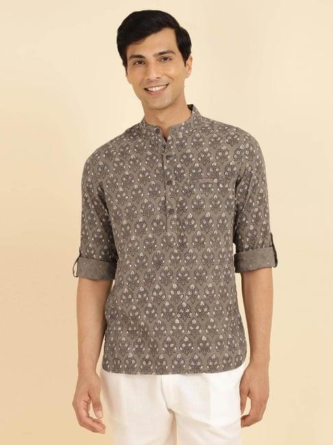 fabindia grey cotton hand block printed mid placket shirt