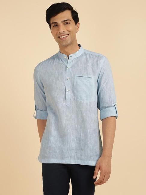 fabindia light blue linen slim fit mid placket shirt