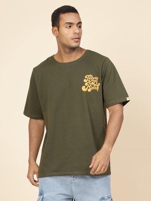 rigo men army green terry oversized printed t-shirt