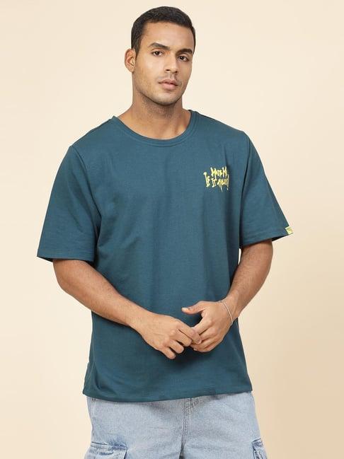 rigo men teal terry oversized printed t-shirt