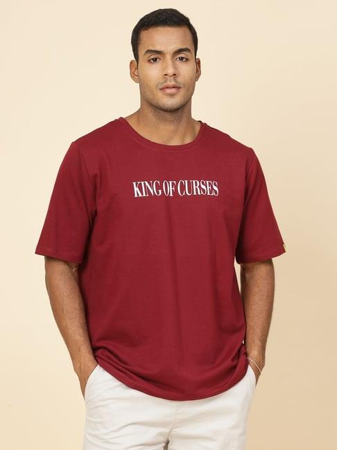 rigo men maroon terry oversized printed t-shirt