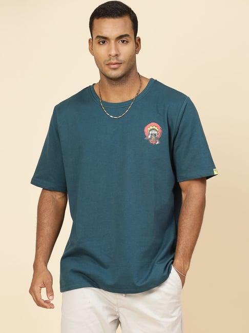 rigo men teal terry oversized printed t-shirt