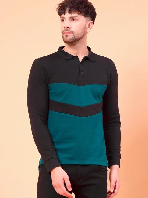 rigo men teal & black colorblocked polo t-shirt