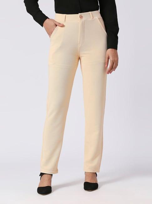 fithub cream slim fit high rise trousers