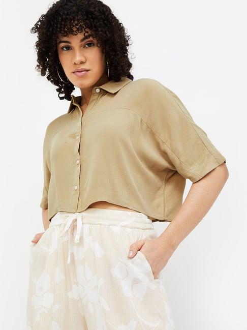 ginger by lifestyle beige viscose regular fit crop shirt