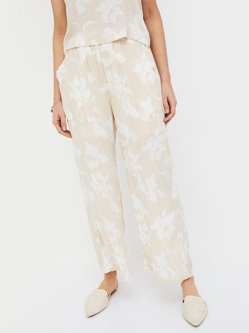 ginger by lifestyle beige & white printed mid rise pants