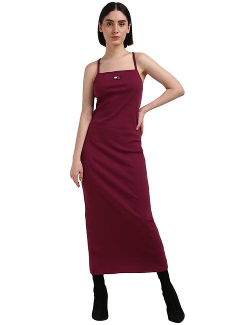 tommy hilfiger wine cotton ribbed women strappy bodycon dress