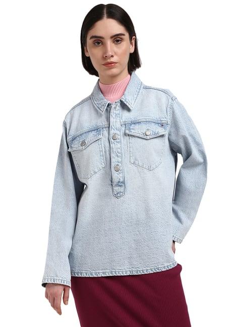 tommy hilfiger blue cotton solid women relaxed fit denim shirt