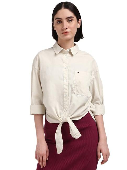 tommy hilfiger beige organic cotton solid women shirt